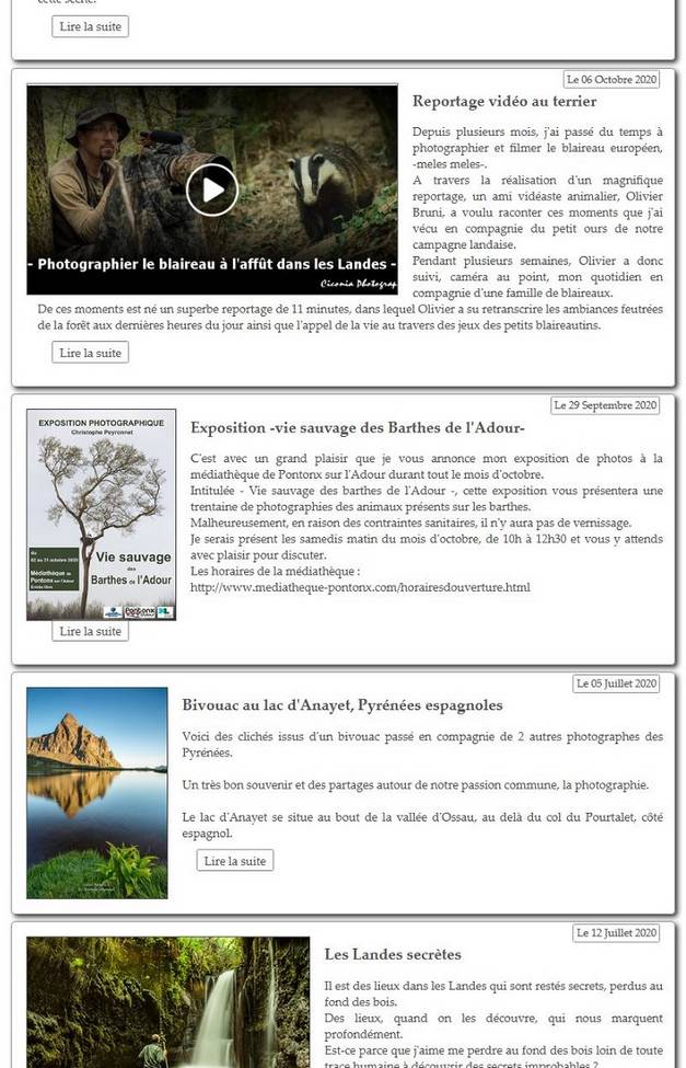 Apercu du blog photo de mon site VISION NATURE avec les derniers articles et actualités